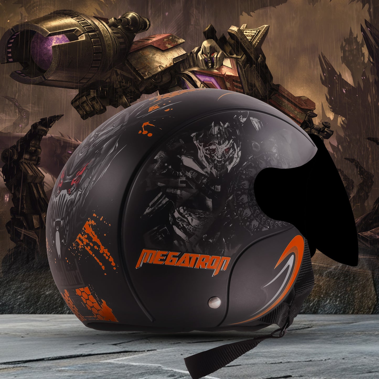 Steelbird SBH-16 Megatron ISI Certified Open Face Graphic Helmet for Men and Women (Glossy Black Orange with Smoke Visor)
