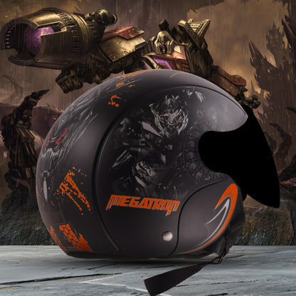Steelbird SBH-16 Megatron ISI Certified Open Face Graphic Helmet for Men and Women (Glossy Black Orange with Smoke Visor)