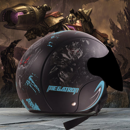 Steelbird SBH-16 Megatron ISI Certified Open Face Graphic Helmet for Men and Women (Glossy Black Light Blue with Smoke Visor)