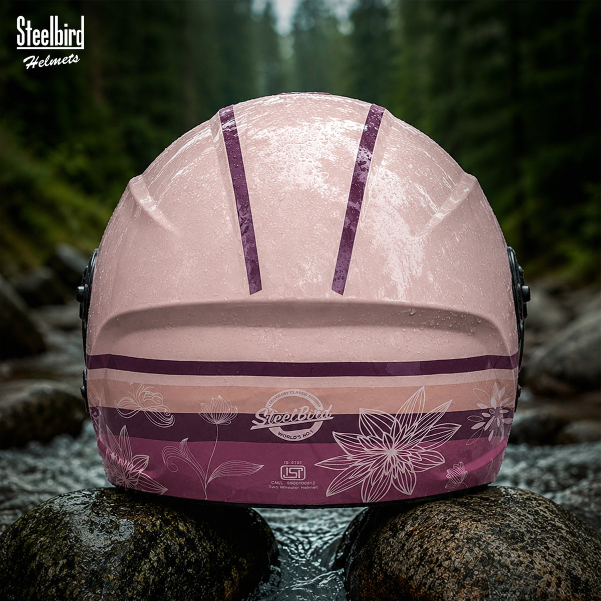 Steelbird SBH-80 Fairy FR3 ISI Certified Open Face Graphic Helmet for Women (Glossy Cloud Cream White Flower with Smoke Visor)