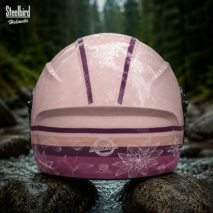 Steelbird SBH-80 Fairy FR3 ISI Certified Open Face Graphic Helmet for Women (Glossy Cloud Cream White Flower with Smoke Visor)