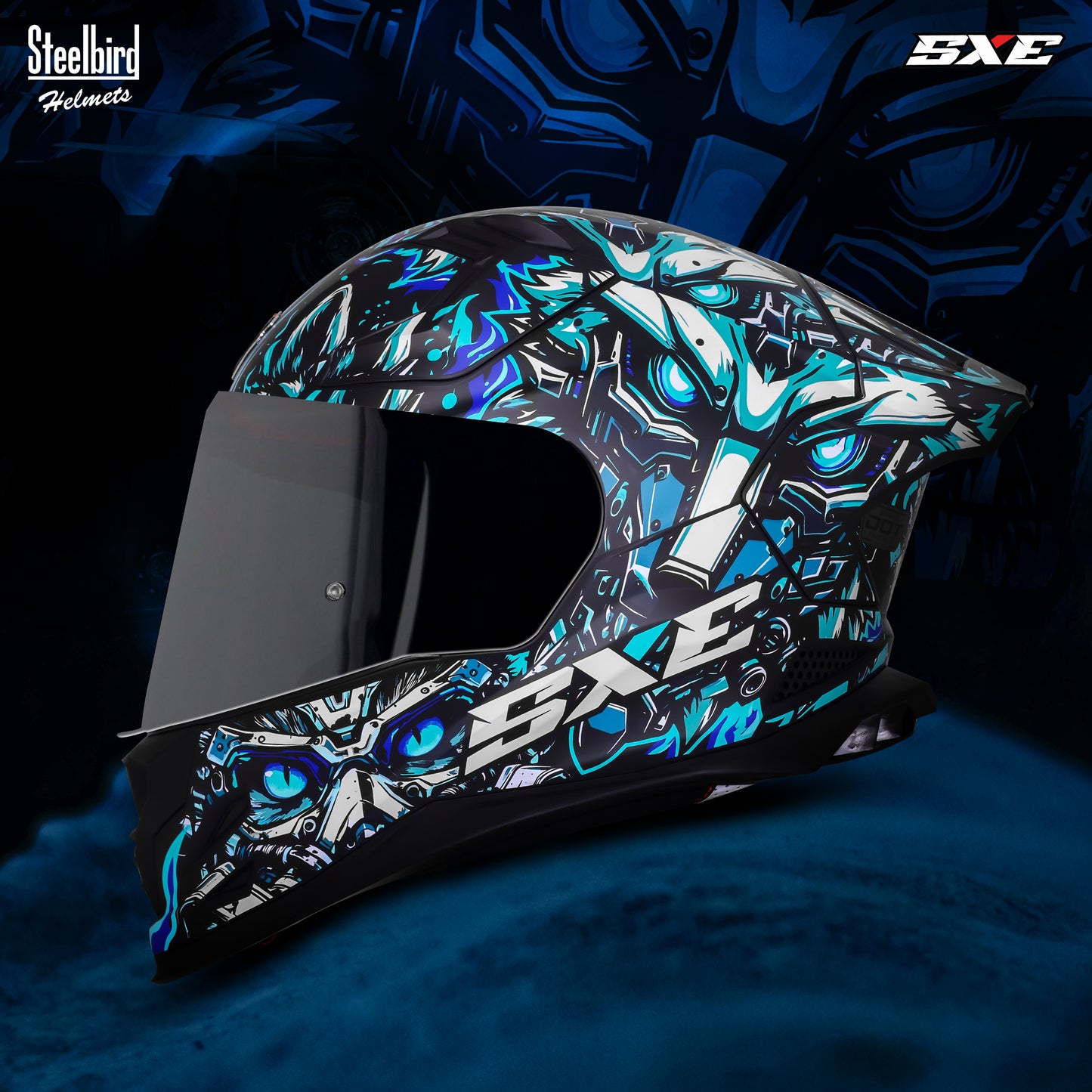 Steelbird SBH-61 SXE X1 Pinlock ISI and Dot Certified Full Face Helmet for Men with Inner Silver Sunshield (Glossy Black Sky Blue with Smoke Visor)