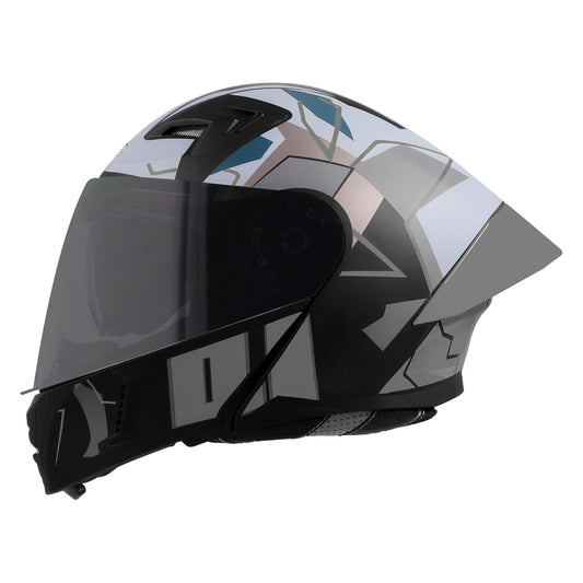 Steelbird SBA-20 01 ISI Certified Flip-Up Graphic Helmet for Men with Inner Chrome Sun Shield (Glossy Black Grey)
