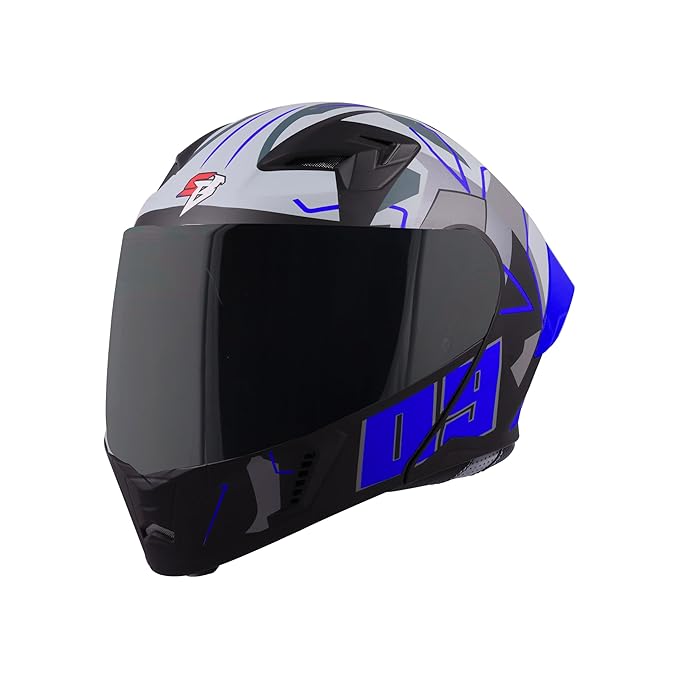 Steelbird SBA-20 09 ISI Certified Flip-Up Graphic Helmet for Men and Women with Inner Chrome Sun Shield (Glossy Black Blue With Smoke Visor)
