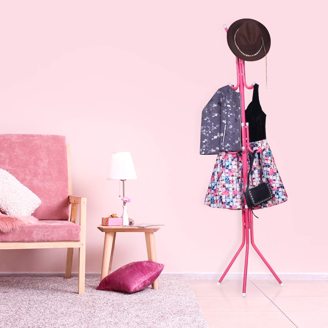 Steelbird Coat Hanger/Clothes Hanger Stand/ 6 Hook Hanging Pole Rack Clothes Hanger Coat Stand (Pink)