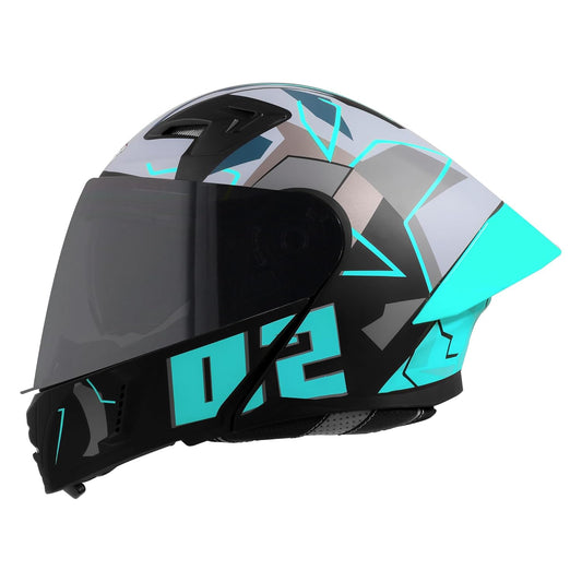 Steelbird SBA-20 02 ISI Certified Flip-Up Graphic Helmet for Men with Inner Chrome Sun Shield (Glossy Black Cyan Green)