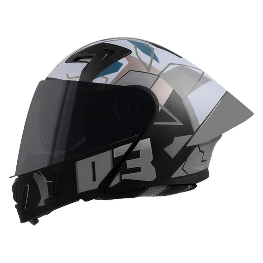 Steelbird SBA-20 03 ISI Certified Flip-Up Graphic Helmet for Men with Inner Chrome Sun Shield (Glossy Black Grey)