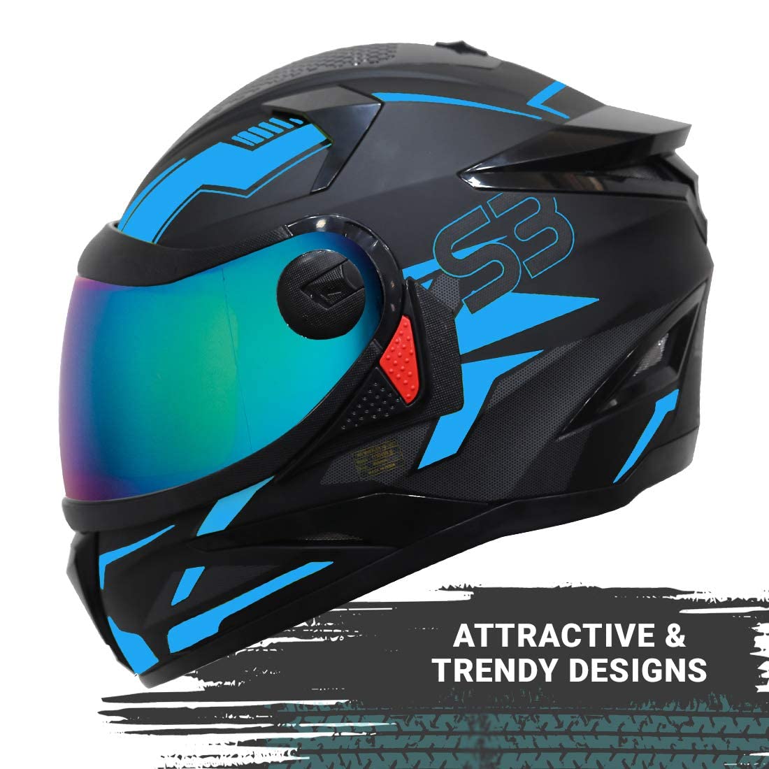Steelbird SBH-17 Terminator ISI Certified Full Face Graphic Helmet for Men and Women (Matt Black Fluo Blue with Chrome Rainbow Visor)