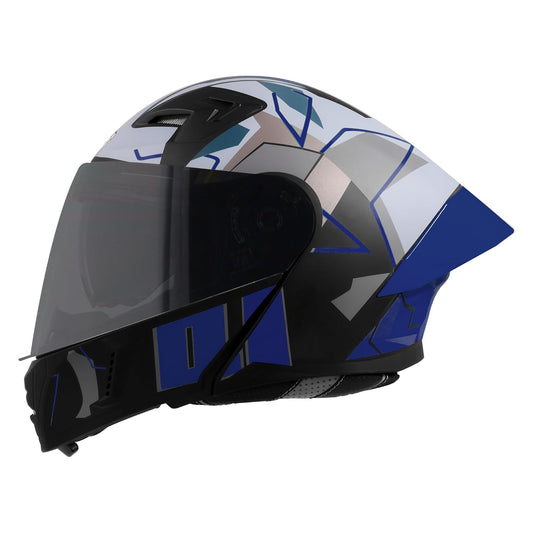Steelbird SBA-20 01 ISI Certified Flip-Up Graphic Helmet for Men with Inner Chrome Sun Shield (Glossy Black Blue)