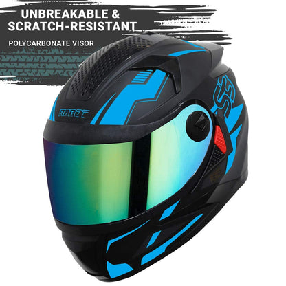 Steelbird SBH-17 Terminator ISI Certified Full Face Graphic Helmet for Men and Women (Matt Black Fluo Blue with Chrome Rainbow Visor)