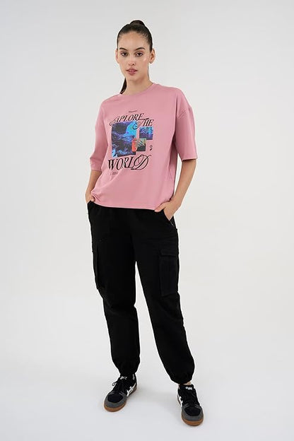 DCYPHR Discovery Women's Explore The World Graphic Tee- Dusk Pink