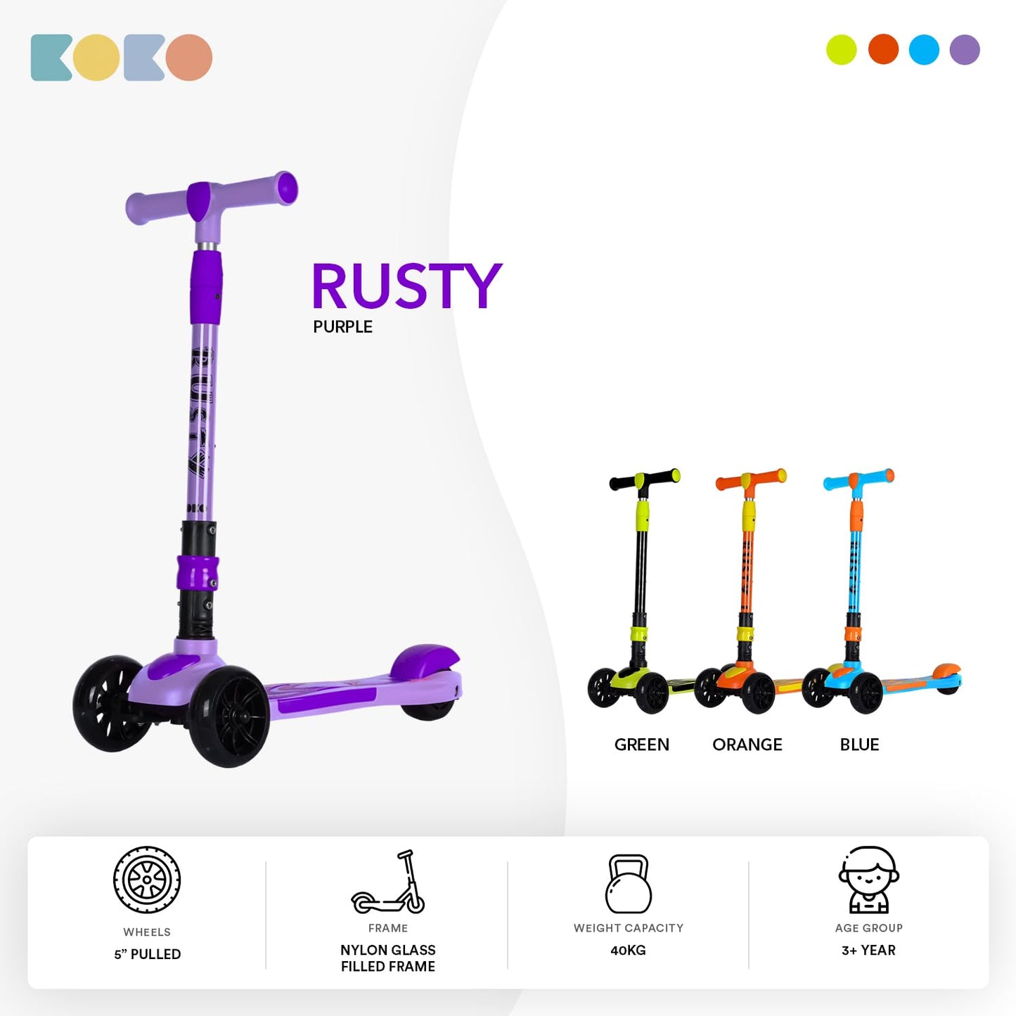 Refurbised Koko Rusty Kick Scooter with Adjustable Height and Portable, Kids Scooter with PVC Wheels for Age 3+ (Max User Weight: 40kg)(Purple)