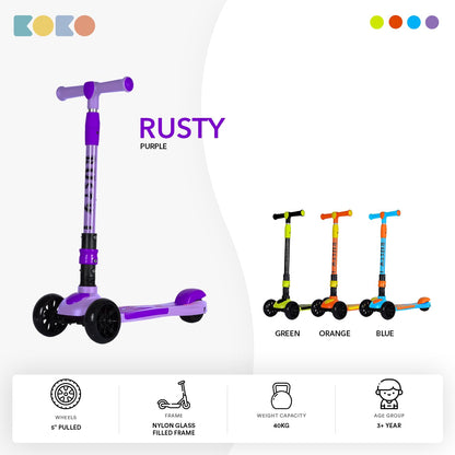 Refurbised Koko Rusty Kick Scooter with Adjustable Height and Portable, Kids Scooter with PVC Wheels for Age 3+ (Max User Weight: 40kg)(Purple)