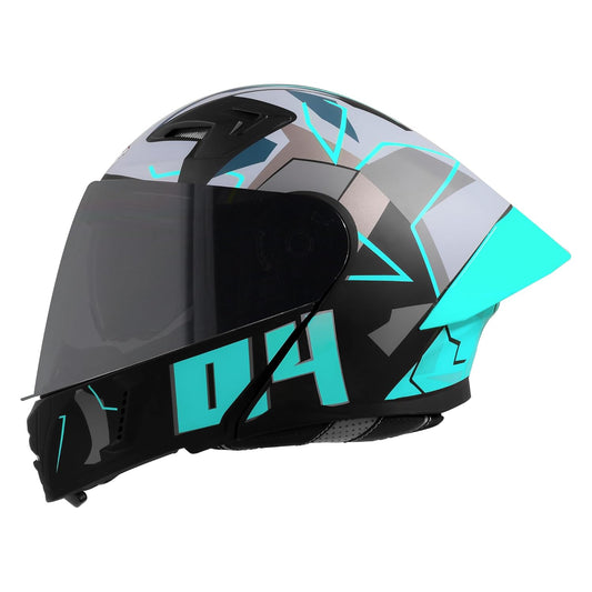 Steelbird SBA-20 04 ISI Certified Flip-Up Graphic Helmet for Men with Inner Chrome Sun Shield (Glossy Black Cyan Green)