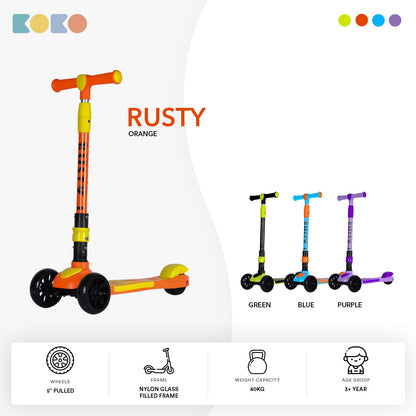 Refurbished Koko Rusty Kick Scooter with Adjustable Height and Portable, Kids Scooter with PVC Wheels for Age 3+ (Max User Weight: 40kg)(Orange)