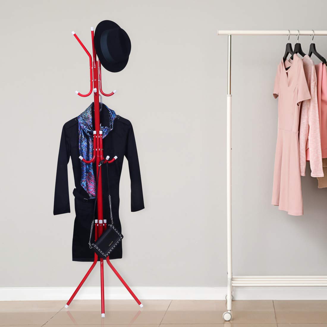 Steelbird Coat Hanger/Clothes Hanger Stand/ 6 Hook Hanging Pole Rack Clothes Hanger Coat Stand (Red)