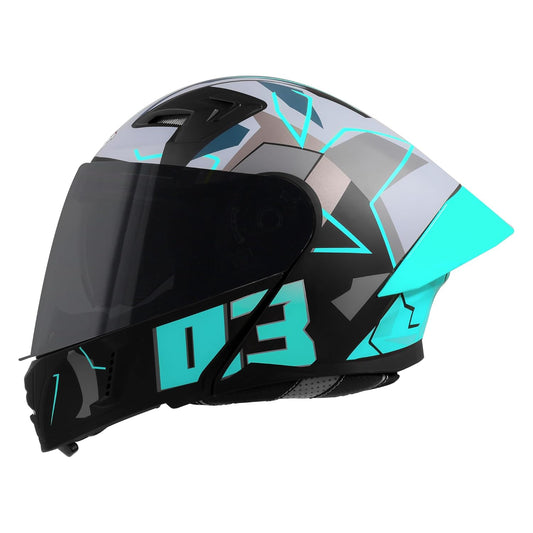 Steelbird SBA-20 03 ISI Certified Flip-Up Graphic Helmet for Men with Inner Chrome Sun Shield (Glossy Black Cyan Green)
