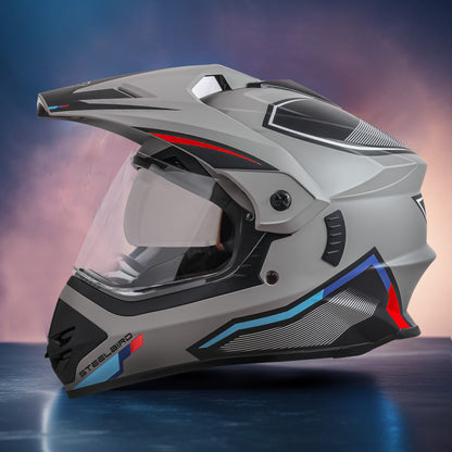 Steelbird Racer Off Road ISI Certified Motocross Double Visor Full Face Graphic Helmet Outer Clear Visor and Inner Silver Sun Shield (Glossy Grey Red)