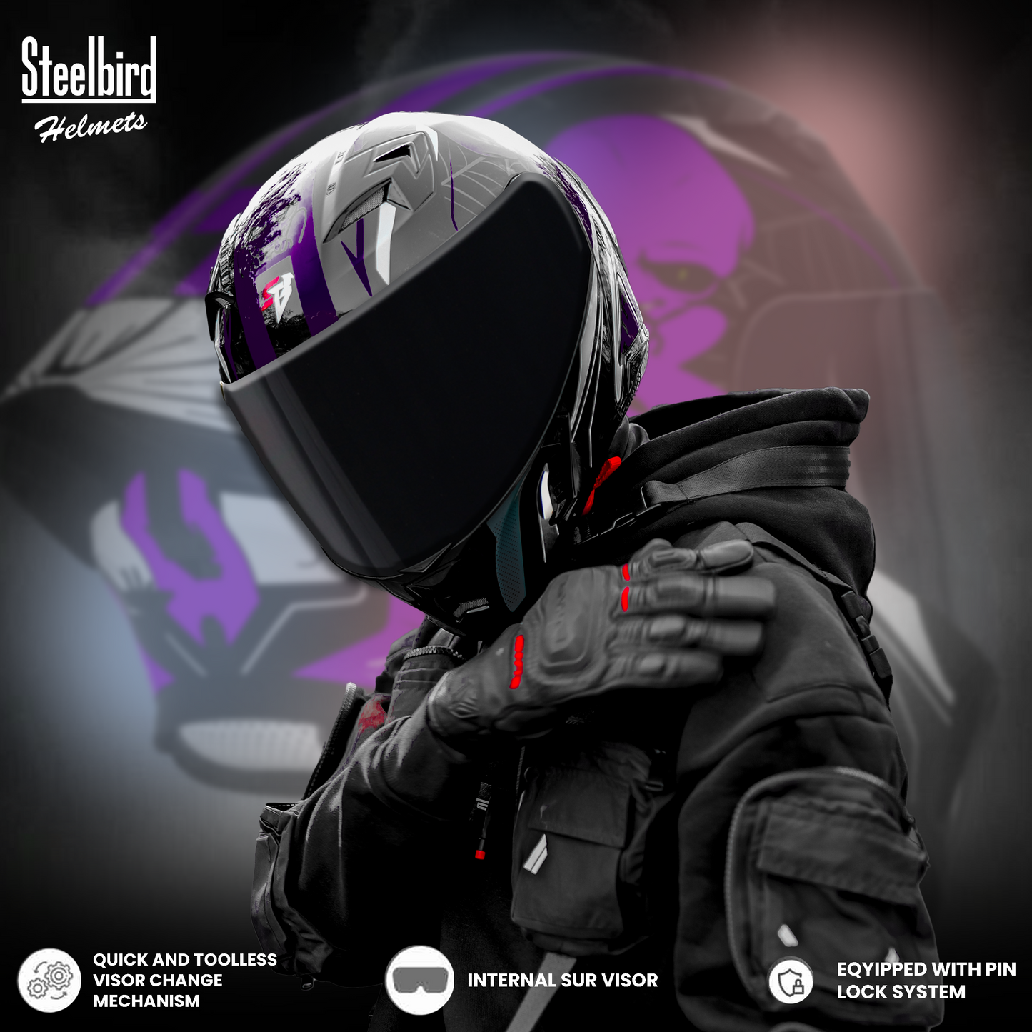 Steelbird SBA-20 Strange ISI Certified Flip-Up Graphic Helmet for Men and Women with Inner Silver Sun Shield (Glossy Black Purple with Smoke Visor)