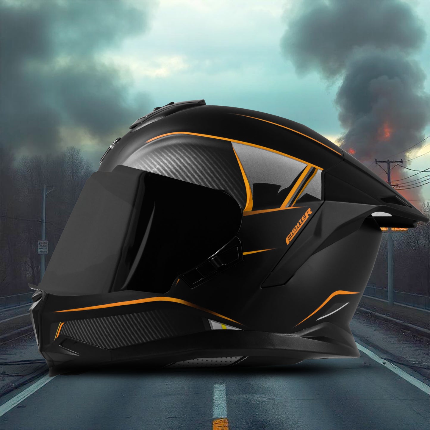 Steelbird SBH-57 Carbon Fighter ISI and DOT Certified Full Face Helmet for Men and Women (Glossy Black Orange)