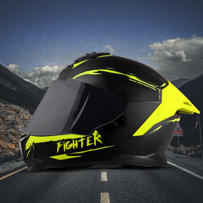 Steelbird SBH-57 Fighter F2 ISI and DOT Certified Full Face Helmet for Men and Women With Inner Silver Sun Shield (Glossy Black Neon) .