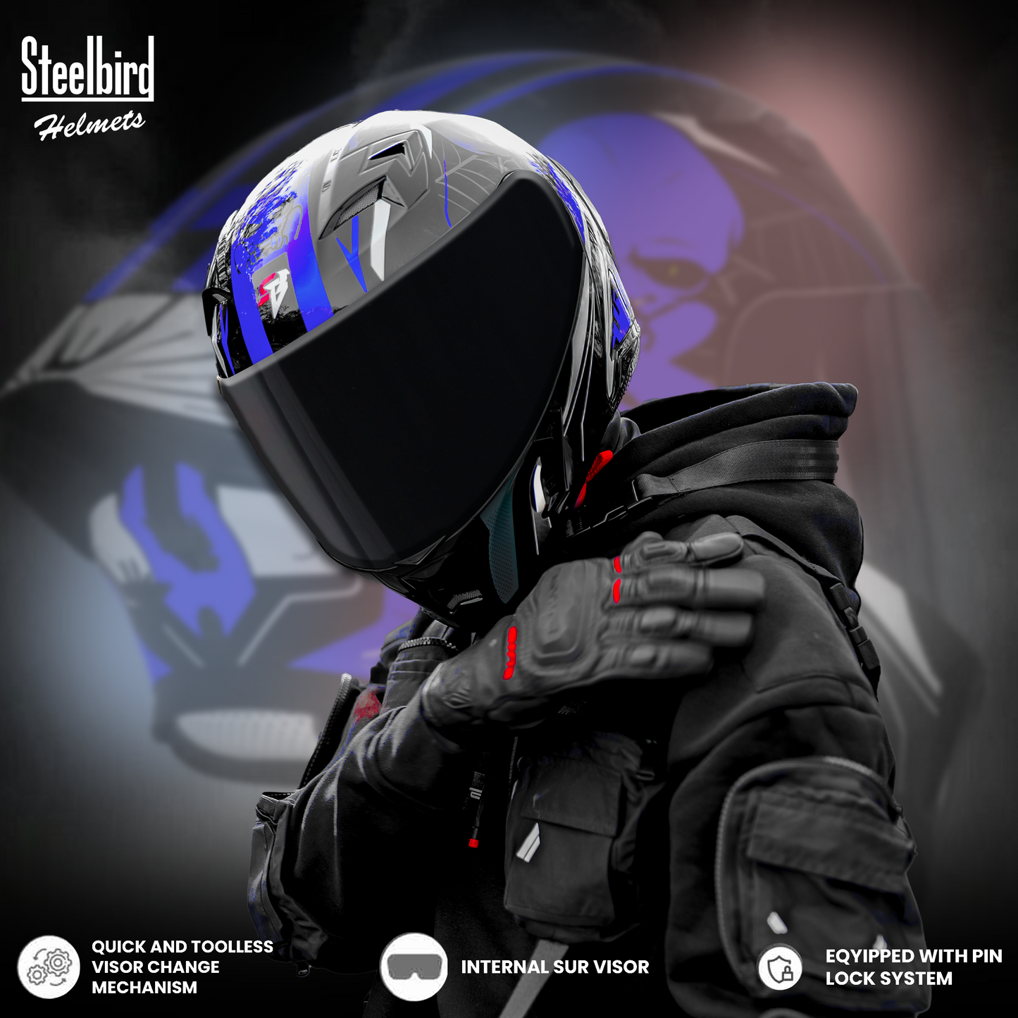 Steelbird SBA-20 Strange ISI Certified Flip-Up Graphic Helmet for Men and Women with Inner Silver Sun Shield (Glossy Black Blue with Smoke Visor)