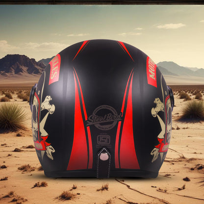 Steelbird SBH-55 Chopper Squad ISI Certified Open Face Helmet for Men and Women (Glossy Black Red)