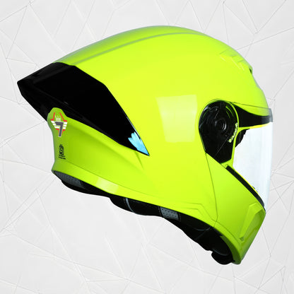 Steelbird SBA-20 7Wings ISI Certified Flip-Up Helmet with Black Spoiler for Men and Women (Glossy Fluo Neon with Clear Visor)