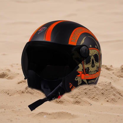 Steelbird SBH-54 Chopper Squad ISI Certified Open Face Helmet for Men and Women (Glossy Black Orange)