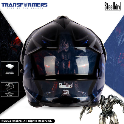 Steelbird SBH-13 Transformers Megatron ISI Certified Off Road Full Face Graphic Helmet for Men and Women ( Glossy Black Grey with Inner Sun Shield)