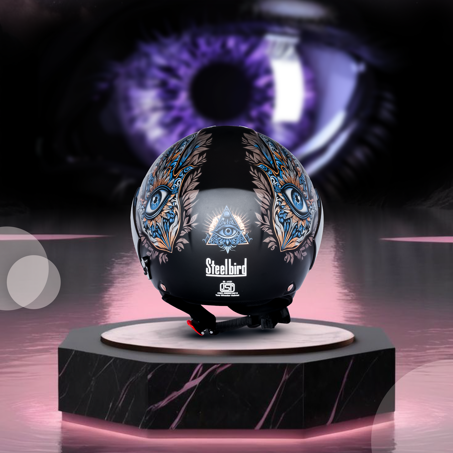 SBH-5 Hamsa Eye Graphic Helmet ISI Certified Open Face Helmet for Women (Glossy Black Golden)