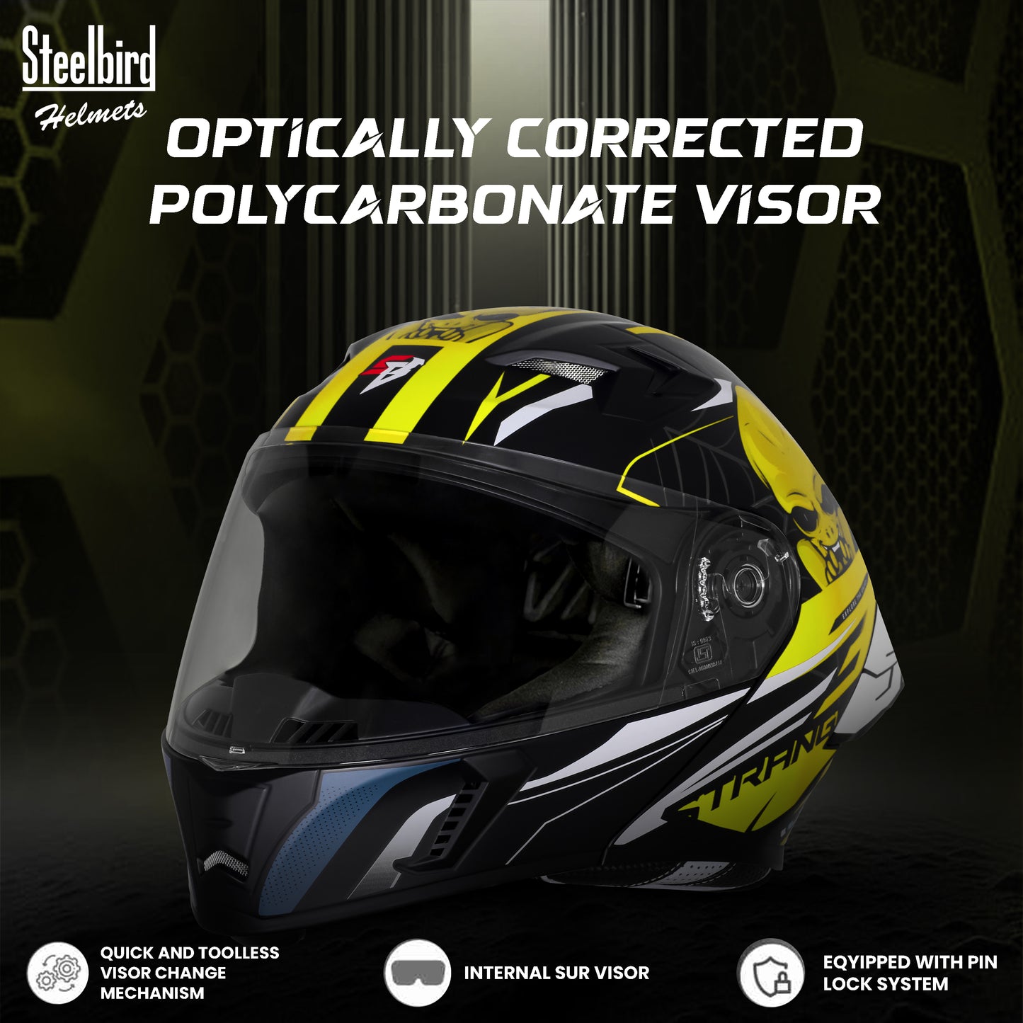 Steelbird SBA-20 Strange ISI Certified Flip-Up Graphic Helmet for Men and Women (Glossy Black Neon)