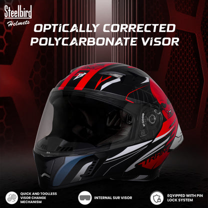Steelbird SBA-20 Strange ISI Certified Flip-Up Graphic Helmet for Men and Women (Glossy Black Red)
