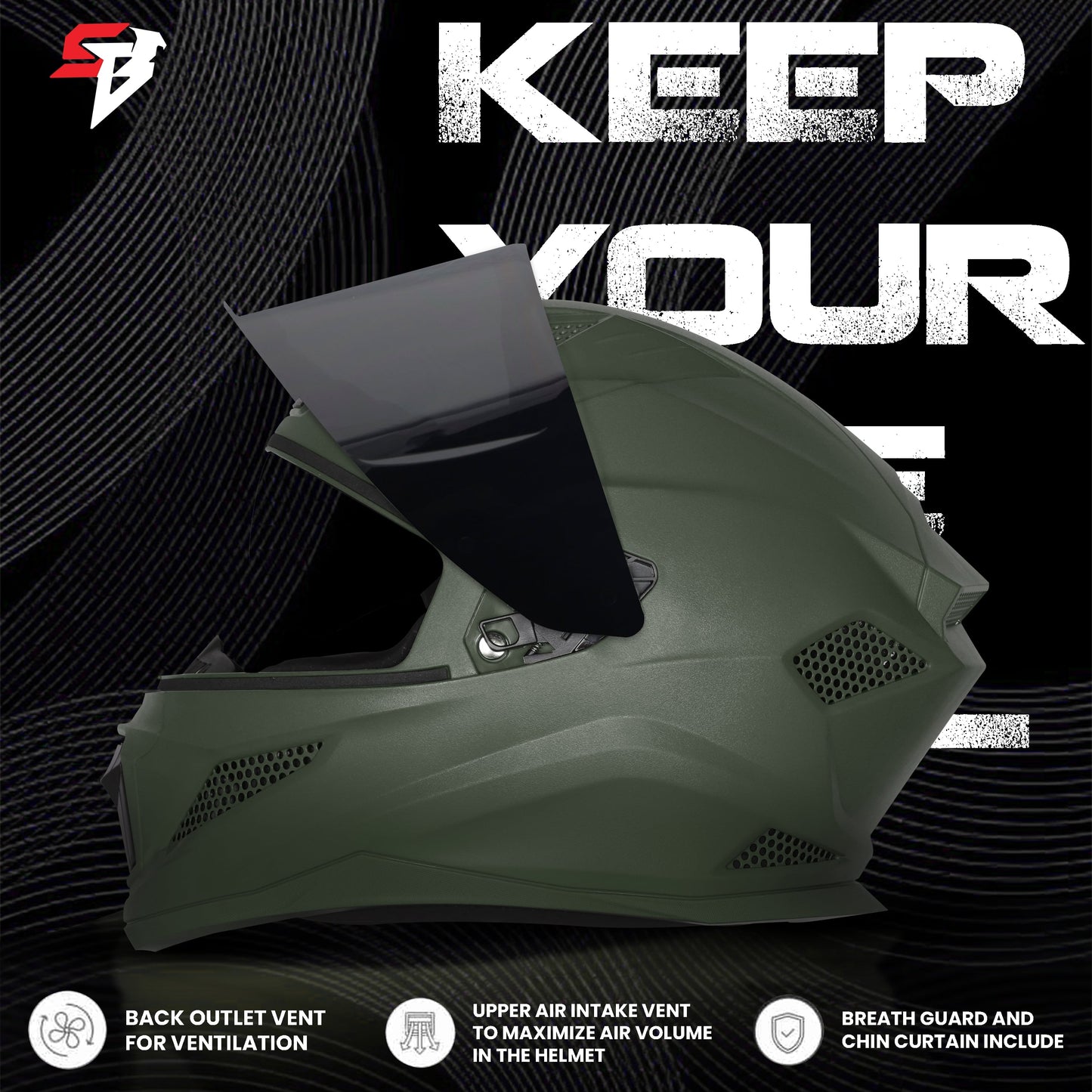 Steelbird SBH-25 Rudra ISI Certified Full Face Helmet for Men and Women (Dashing Battle Green With Smoke Visor)