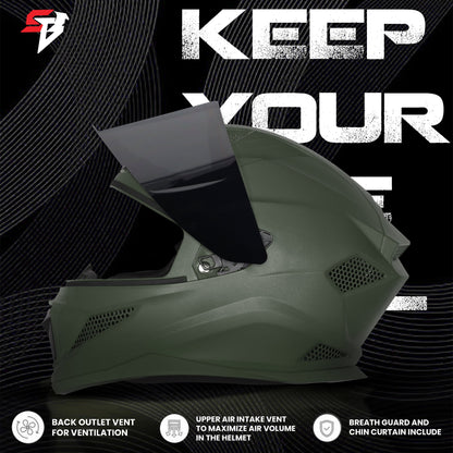 Steelbird SBH-25 Rudra ISI Certified Full Face Helmet for Men and Women (Dashing Battle Green With Smoke Visor)