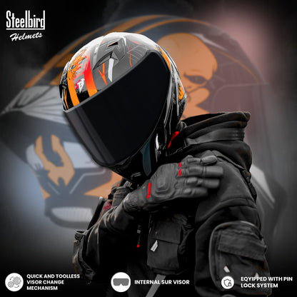 Steelbird SBA-20 Strange ISI Certified Flip-Up Graphic Helmet for Men and Women (Glossy Black Orange with Smoke Visor)