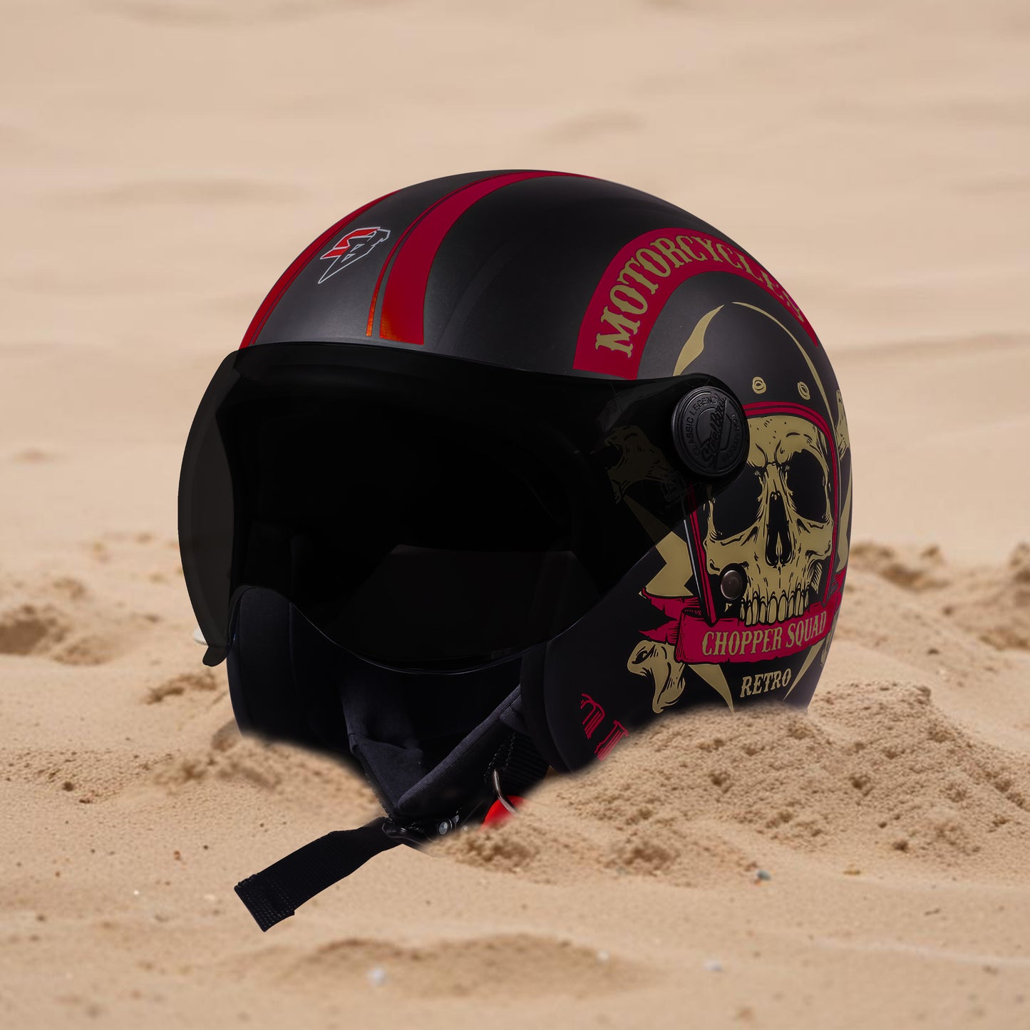 Steelbird SBH-54 Chopper Squad ISI Certified Open Face Helmet for Men and Women (Glossy Black Red)