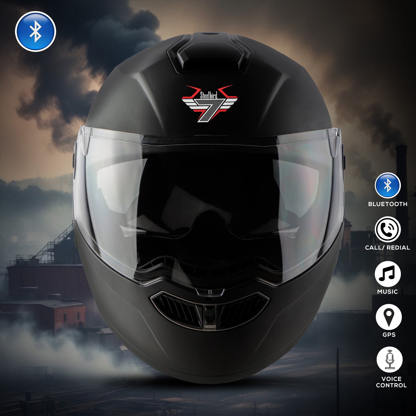 Steelbird Bluetooth Flip Up ISI Certified Helmet for Men and Women with Inner Smoke Sun Shield | SBA-8 7Wings (Glossy Black)