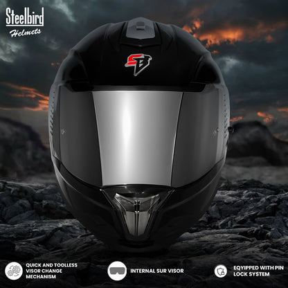 Steelbird SBH-57 Fighter F9 ISI and DOT Certified Full Face Helmet for Men and Women with Inner Silver Sun Shield and Silver Spoiler (Glossy Black)