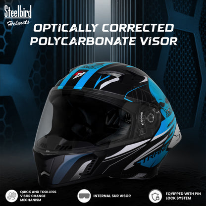 Steelbird SBA-20 Strange ISI Certified Flip-Up Graphic Helmet for Men and Women (Glossy Black Jazz Blue)