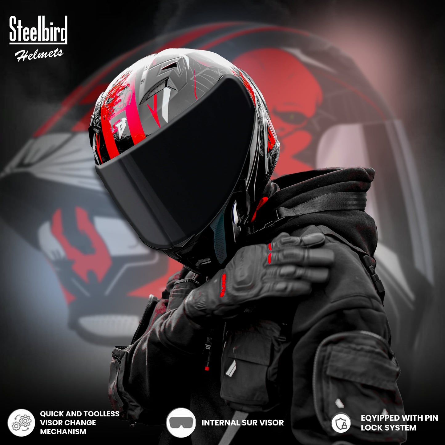 Steelbird SBA-20 Strange ISI Certified Flip-Up Graphic Helmet for Men and Women (Glossy Fluo Neon Cyan Green  with Smoke Visor)