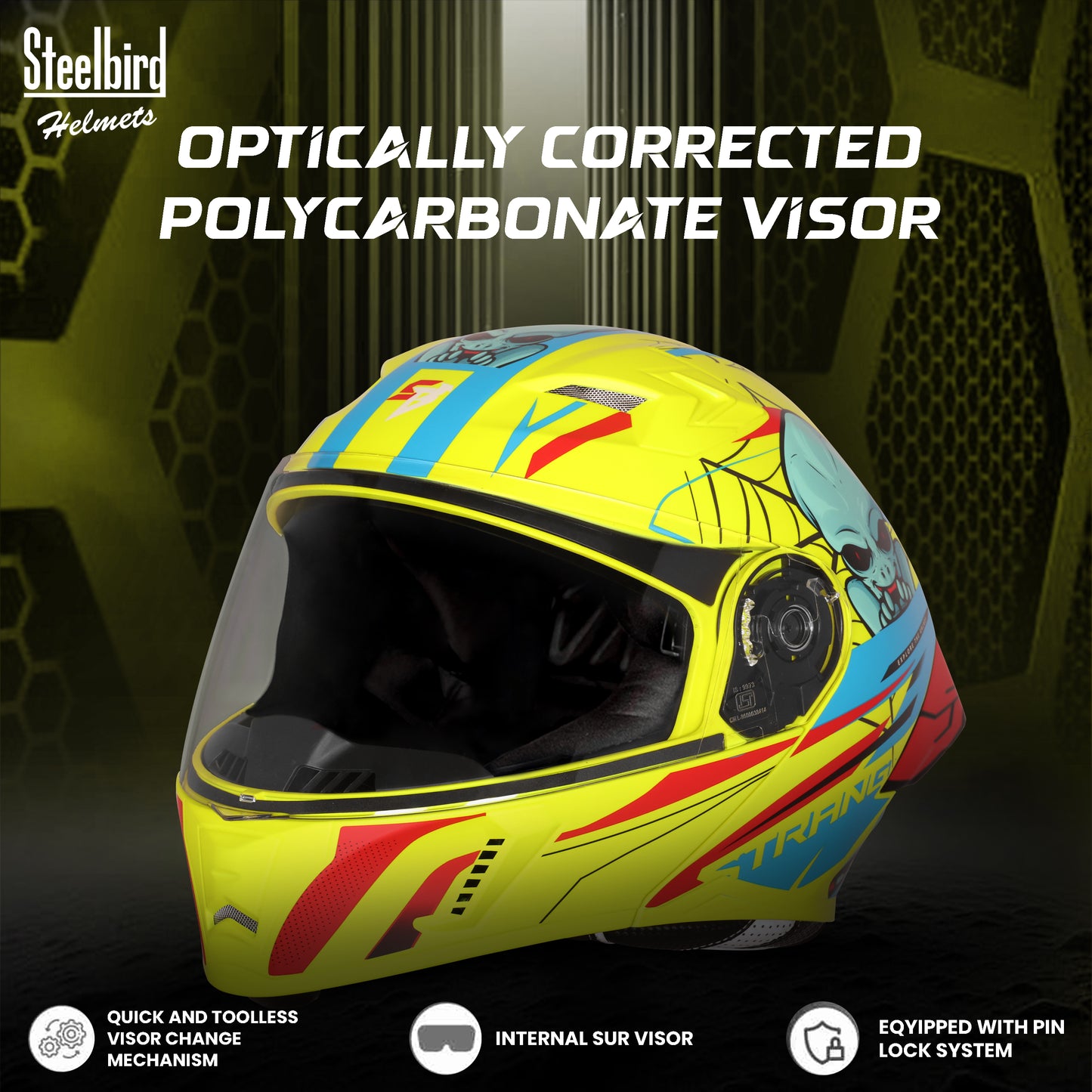 Steelbird SBA-20 Strange ISI Certified Flip-Up Graphic Helmet for Men and Women (Glossy Fluo Neon Cyan Green)