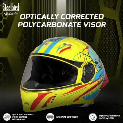 Steelbird SBA-20 Strange ISI Certified Flip-Up Graphic Helmet for Men and Women (Glossy Fluo Neon Cyan Green)