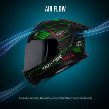 Steelbird SBH-57 Fighter F6 ISI and DOT Certified Full Face Graphic Helmet for Men and Women with Inner Silver Sun Shield (Glossy Black Green)