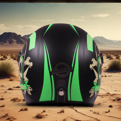 Steelbird SBH-55 Chopper Squad ISI Certified Open Face Helmet for Men and Women (Glossy Black Green)