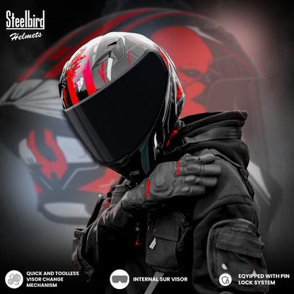 Steelbird SBA-20 Strange ISI Certified Flip-Up Graphic Helmet for Men and Women with Inner Silver Sun Shield (Glossy Black Red with Smoke Visor)