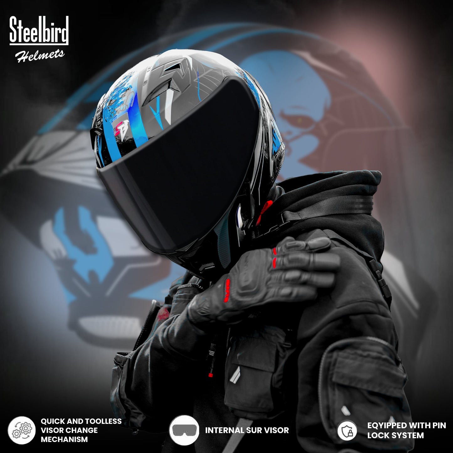 Steelbird SBA-20 Strange ISI Certified Flip-Up Graphic Helmet for Men and Women (Glossy Black Jazz Blue with Smoke Visor)