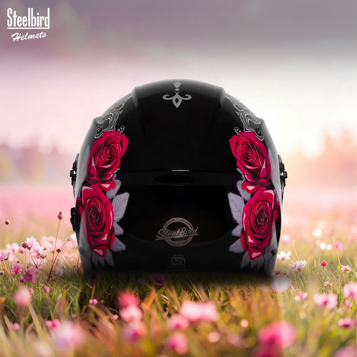 Steelbird SBH-80 Fairy FR1 ISI Certified Open Face Graphic Helmet for Women (Glossy Black Pink Rose with Smoke Visor)