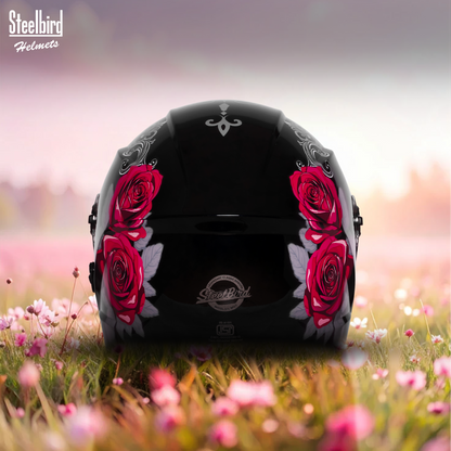 Steelbird SBH-80 Fairy FR1 ISI Certified Open Face Graphic Helmet for Women (Glossy Black Pink Rose with Smoke Visor)
