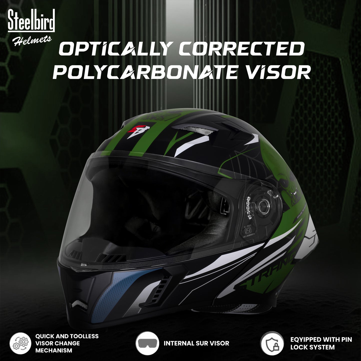 Steelbird SBA-20 Strange ISI Certified Flip-Up Graphic Helmet for Men and Women (Glossy Black Battle Green)